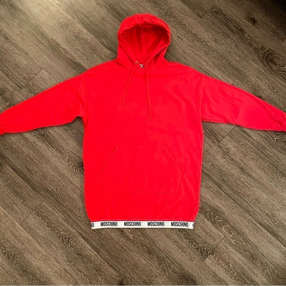Moschino Red Hooded Mini Dress with Branded Hem